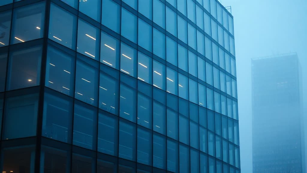 Glasfassade im Blaulicht, Haltung großer Häuser, Nähe des Mittelstands.