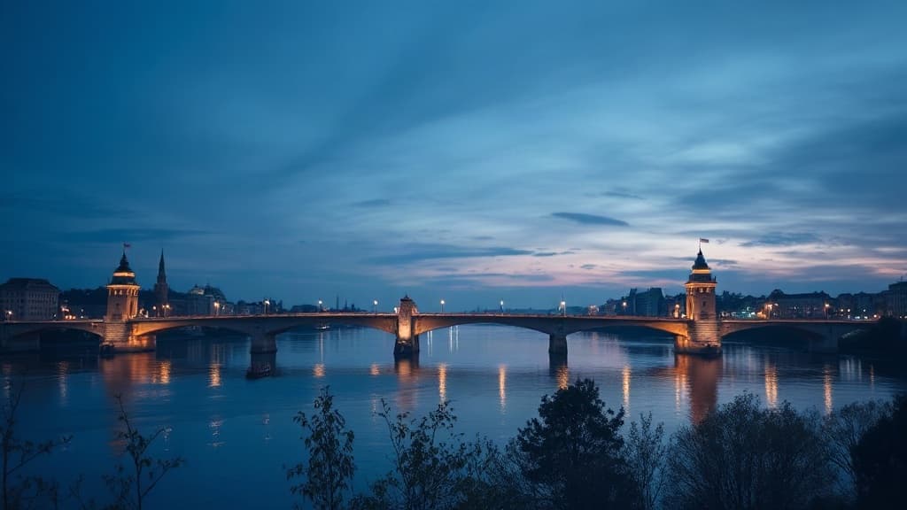 Donau und Brücke in der Dämmerung, Region Ulm/Neu-Ulm.