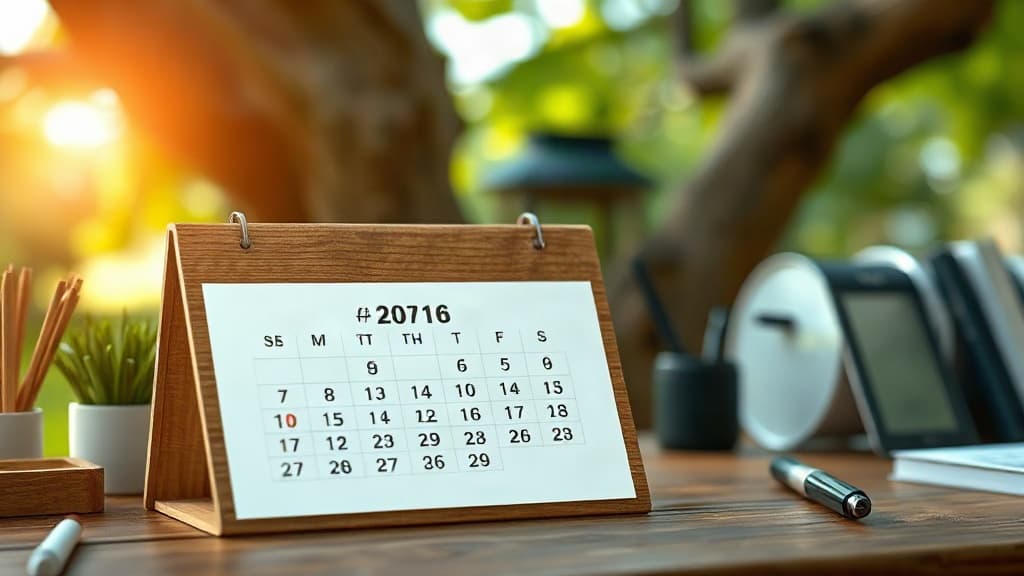 Schreibtischkalender unscharf im Morgenlicht.